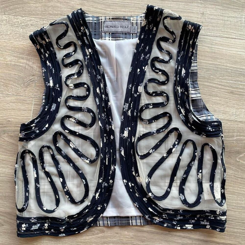 Vintage Howard Wolf Navy Floral Plaid & Sheer Vest Cottagecore Indie Boho Chic
